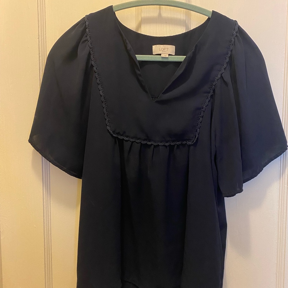 LOFT Black Flutter Sleeve Blouse with Sailor Collar